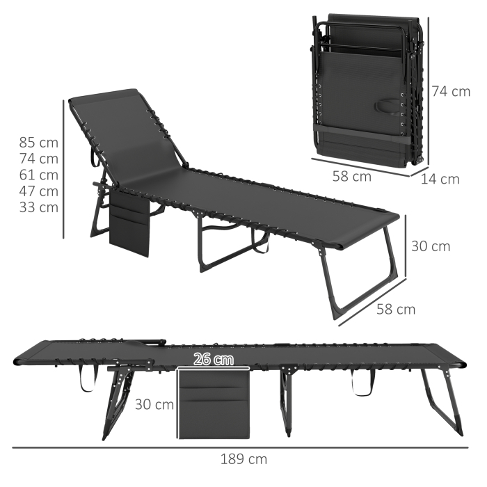  sezlong pliabil cu perna, tetiera si buzunar lateral, 58x189x32,5 cm, negru [3]