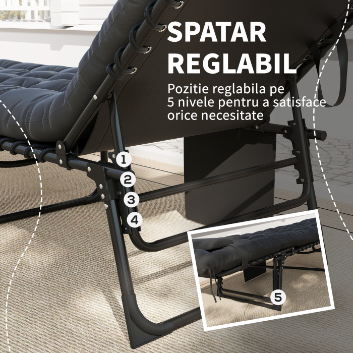 sezlong pliabil cu perna, tetiera si buzunar lateral, 58x189x32,5 cm, negru [4]