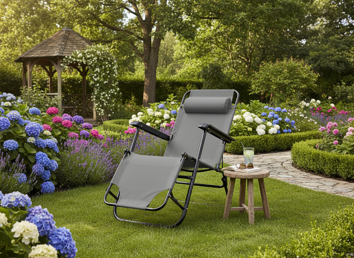 Sezlong pliabil cu pozitie orizontala, tetiera reglabila, cadru metal vopsit electrostatic, 153x60x88 cm, gri [2]