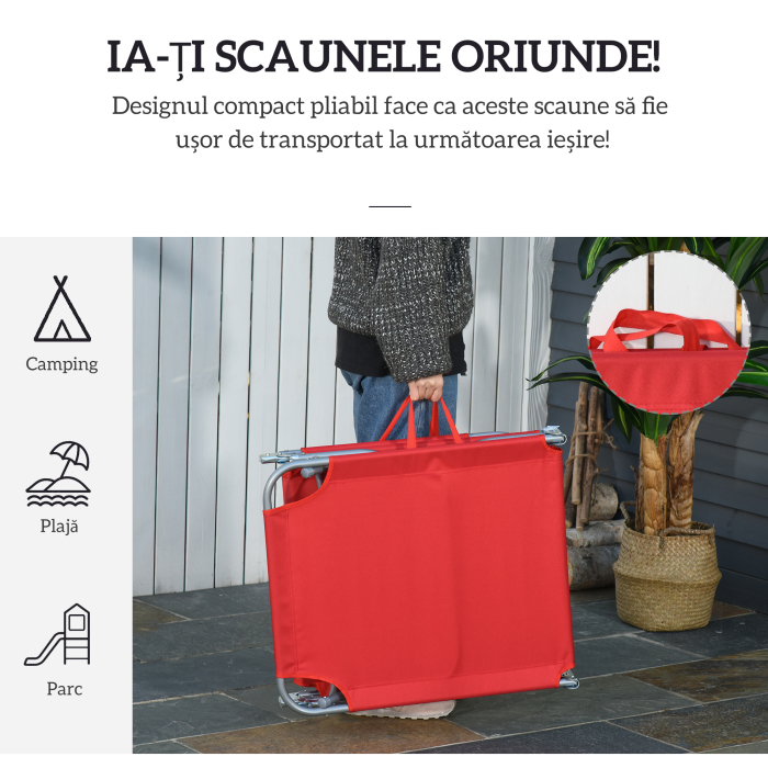  sezlong Pliabil cu Spatar Reglabil in 5 Pozitii, sezlong de Gradina cu Structura din Metal si tesatura Oxford, pentru Plaja, Piscina sau Gradina, 187x55x24cm, Rosu [4]