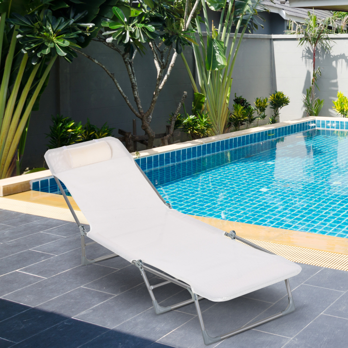  sezlong Pliabil cu Spatar Reglabil in 5 Pozitii si Perna, sezlong de Gradina cu Material Textil Respirabil, pentru Plaja, Piscina, Gradina, 182x56x28 cm, Crem [2]