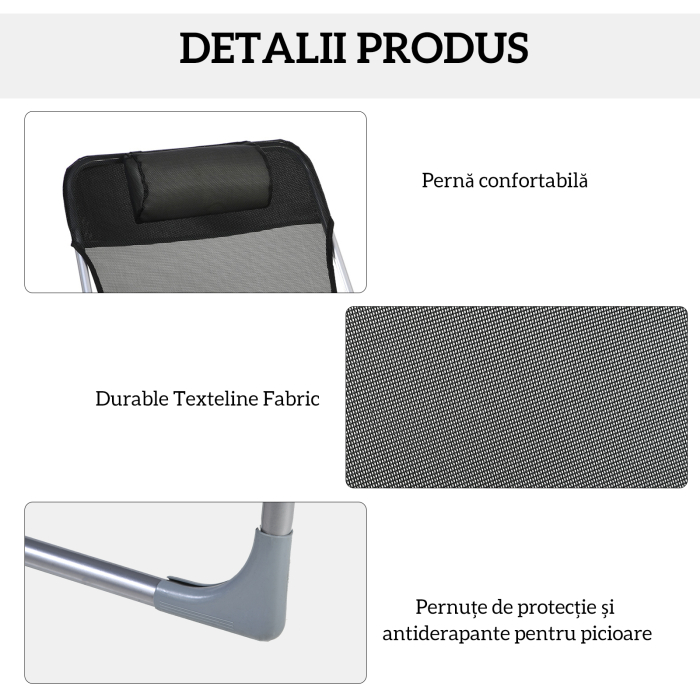  sezlong Pliabil cu Spatar Reglabil pe 5 Niveluri si Perna, sezlong de Gradina cu Material Texteline, pentru Plaja Piscina Gradina, 182x56x28 cm, Negru [5]