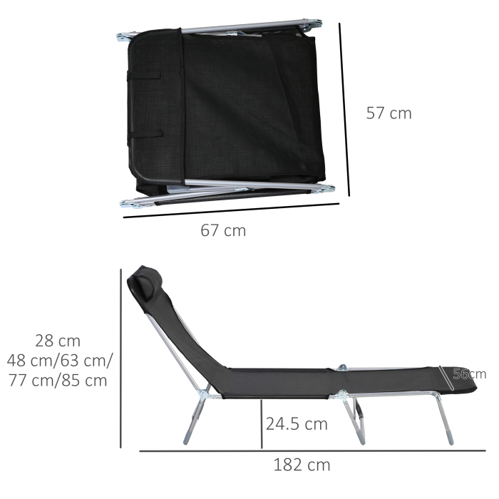  sezlong Pliabil cu Spatar Reglabil pe 5 Niveluri si Perna, sezlong de Gradina cu Material Texteline, pentru Plaja Piscina Gradina, 182x56x28 cm, Negru [3]