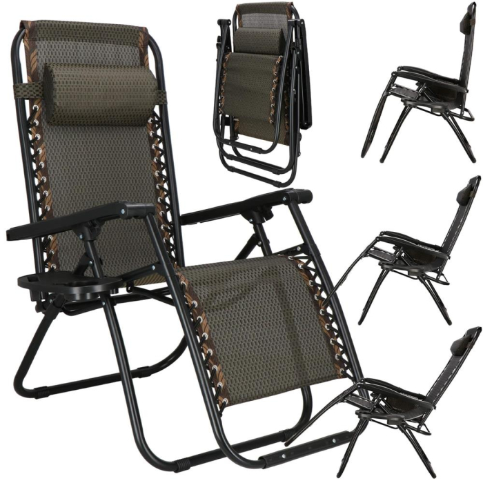 Sezlong pliabil cu masuta laterala si tetiera, spatar reglabil, textilene impermeabil, max 120 kg, 175x67 cm, maro [11]