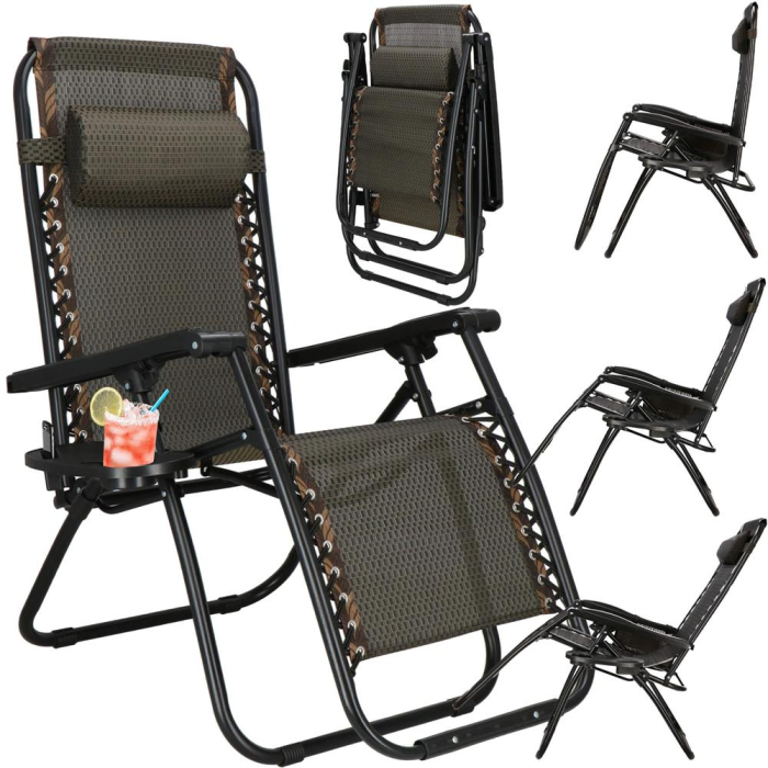 Sezlong pliabil cu masuta laterala si tetiera, spatar reglabil, textilene impermeabil, max 120 kg, 175x67 cm, maro [4]