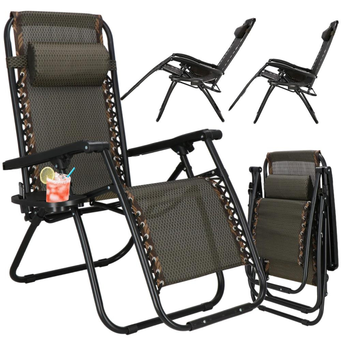 Sezlong pliabil cu masuta laterala si tetiera, spatar reglabil, textilene impermeabil, max 120 kg, 175x67 cm, maro [7]