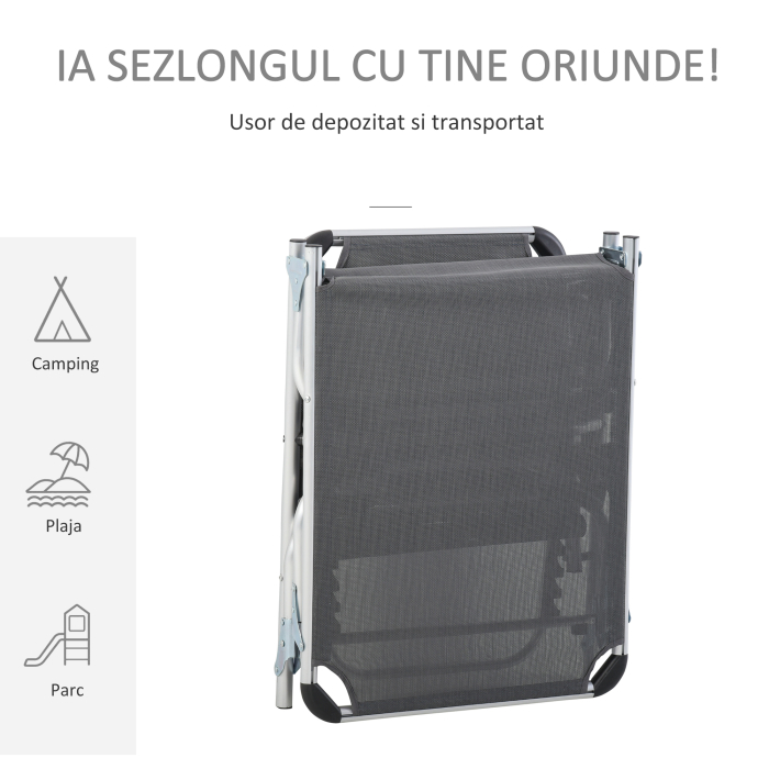  sezlong Pliabil cu Tetiera si Spatar Reglabil din Aluminiu 60x165x76cm Gri [5]