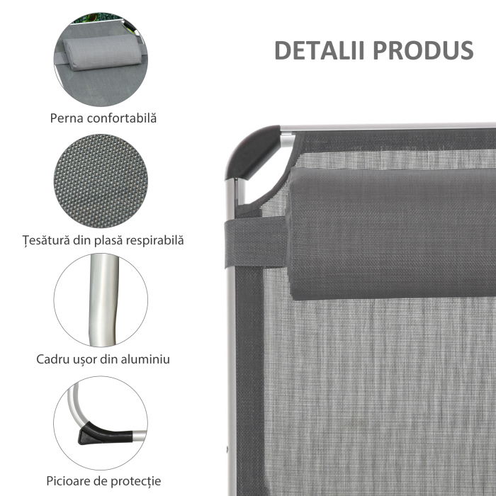  sezlong Pliabil cu Tetiera si Spatar Reglabil din Aluminiu 60x165x76cm Gri [6]