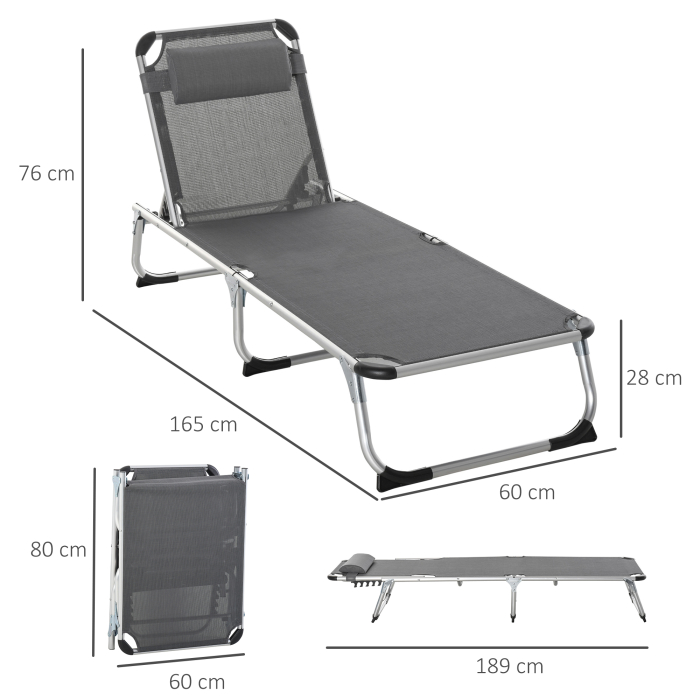  sezlong Pliabil cu Tetiera si Spatar Reglabil din Aluminiu 60x165x76cm Gri [3]