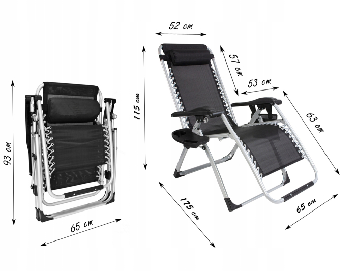 Sezlong pliabil gravitate zero, 175x65 cm, cu masuta si buzunar organizator, 120 kg, negru [10]