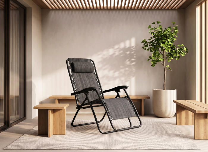 Sezlong pliabil pentru gradina cu tetiera, cadru metalic, suport pahare, maxim 120 kg, 174x65x112 cm, gri [11]