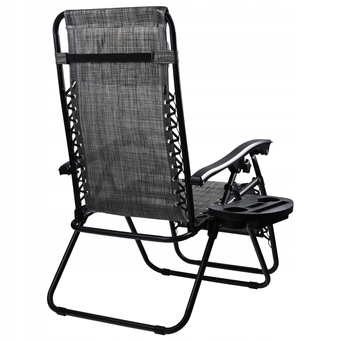 Sezlong pliabil pentru gradina cu tetiera, cadru metalic, suport pahare, maxim 120 kg, 174x65x112 cm, gri [12]