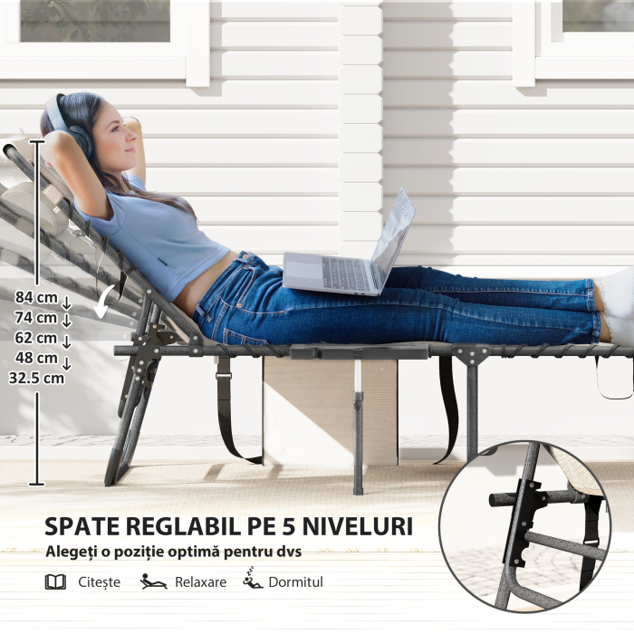  sezlong Pliabil si Reglabil pe 5 Niveluri cu Tava Laterala si Buzunar, 60x190x31 cm, Crem [4]