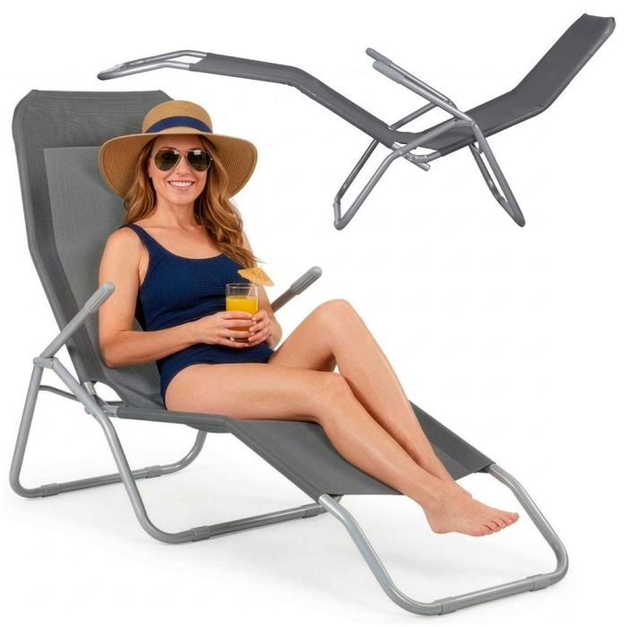Sezlong pliabil Zero Gravity cu sezut din textilene, capacitate 120 kg, 60x185x96 cm, gri [23]