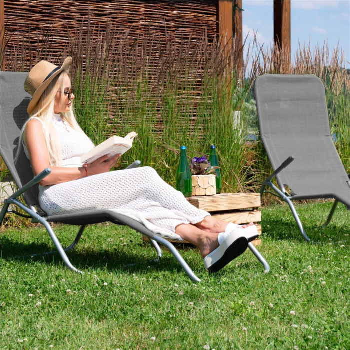 Sezlong pliabil Zero Gravity cu sezut din textilene, capacitate 120 kg, 60x185x96 cm, gri [18]