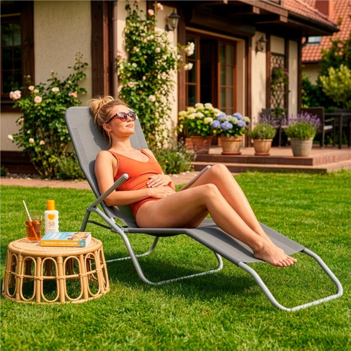 Sezlong pliabil Zero Gravity cu sezut din textilene, capacitate 120 kg, 60x185x96 cm, gri [20]