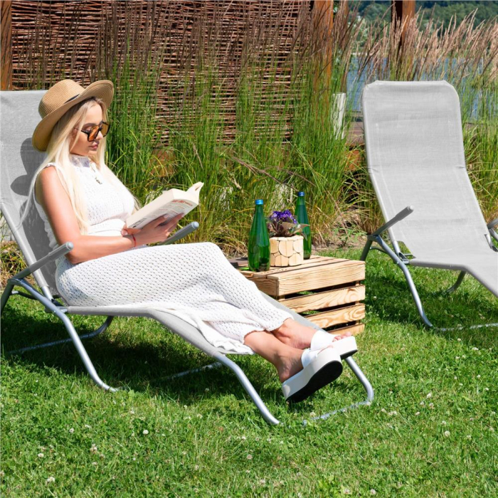 Sezlong pliabil Zero Gravity cu sezut din textilene, capacitate 120 kg, 60x185x96 cm, gri deschis [18]