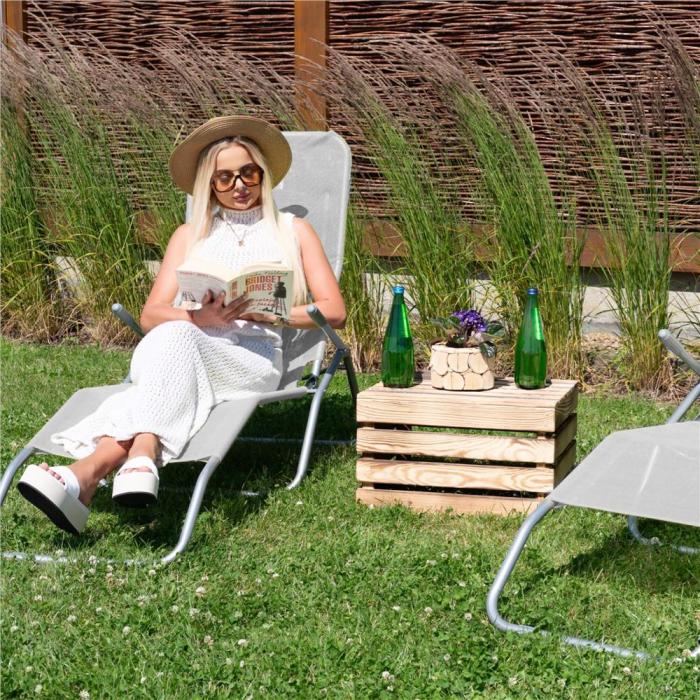 Sezlong pliabil Zero Gravity cu sezut din textilene, capacitate 120 kg, 60x185x96 cm, gri deschis [20]