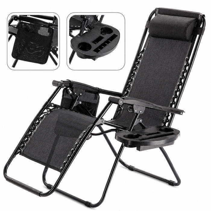 Sezlong pliant cu suport pahar, buzunar si perna, textilene, maxim 120 kg, 65x90x110 cm, negru [6]