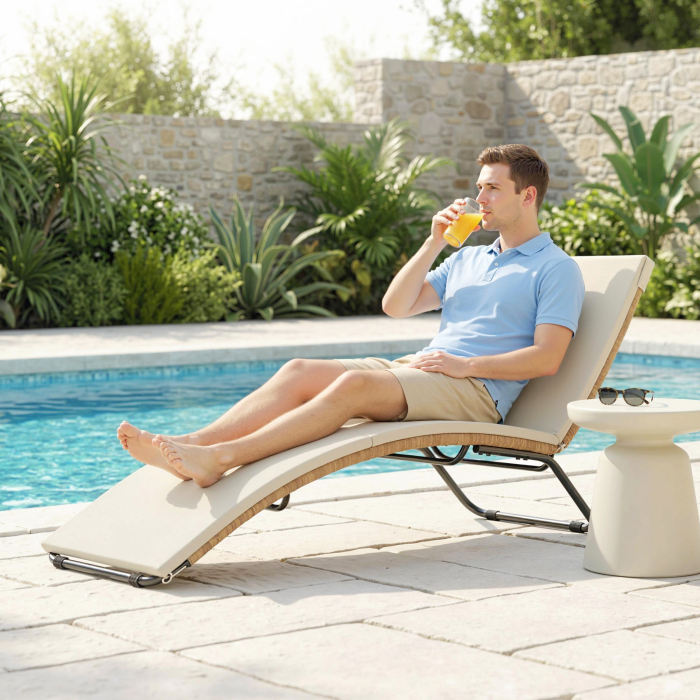  sezlong Prendisole din Ratan in Forma S cu Perna, sezlong de Gradina cu Cadru din Otel, pentru Terasa, Plaja, Piscina, Gradina, 175x57x80cm, Crem [9]