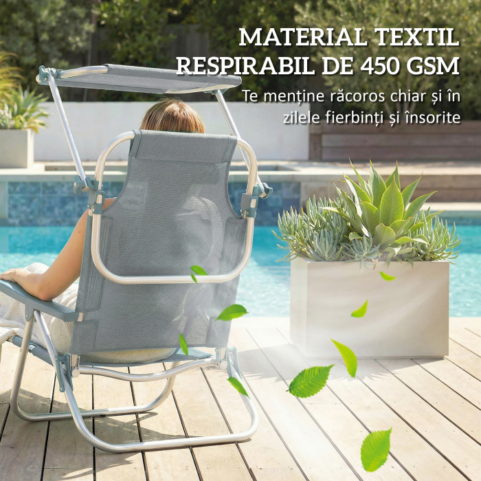  sezlong Reclinabil cu 6 Nivele, Copertina Reglabila si Tetiera, din Aluminiu si Plasa, 62x68x79, Gri [7]