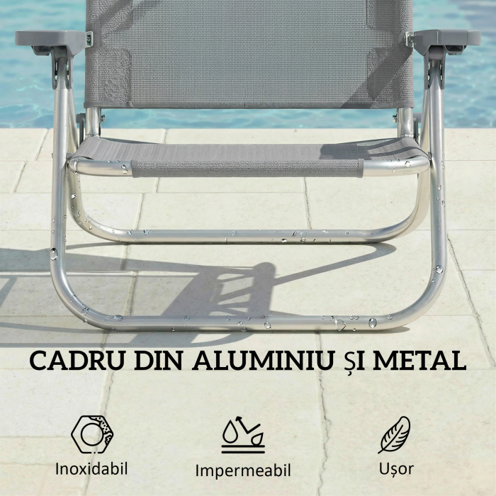  sezlong Reclinabil cu 6 Nivele, Copertina Reglabila si Tetiera, din Aluminiu si Plasa, 62x68x79, Gri [8]
