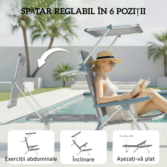 sezlong Reclinabil cu 6 Nivele, Copertina Reglabila si Tetiera, din Aluminiu si Plasa, 62x68x79, Gri [4]