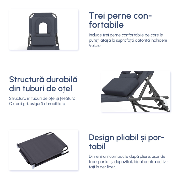  Sezlong Relax Pliabil pentru plaja cu pernuta si deschidere pentru fata in tesatura Oxford, Gri [5]