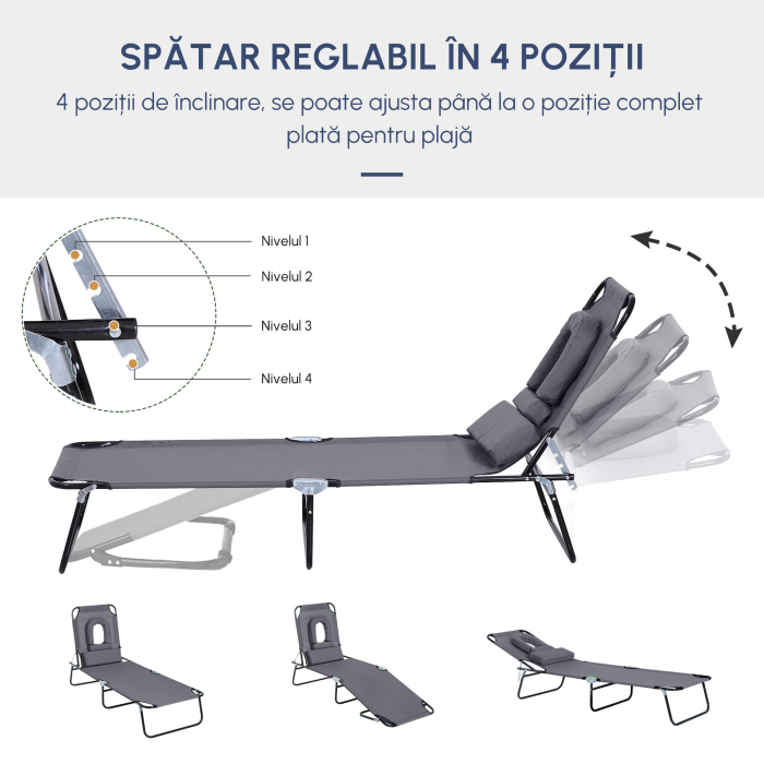  Sezlong Relax Pliabil pentru plaja cu pernuta si deschidere pentru fata in tesatura Oxford, Gri [6]