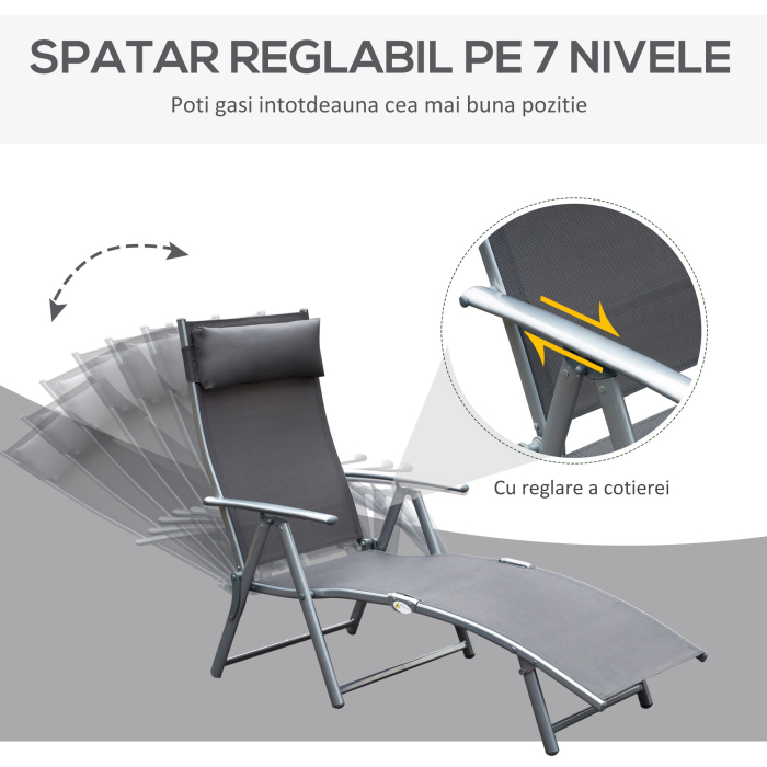  Sezlong Relax Pliabil Schelet in Metal 137x63.5x100.5cm Gri [4]