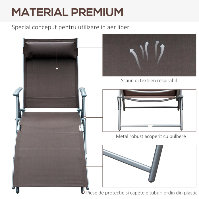  Sezlong Relax Rabatabil Pliabil Schelet in Metal 137x63.5x100.5cm Maro [7]