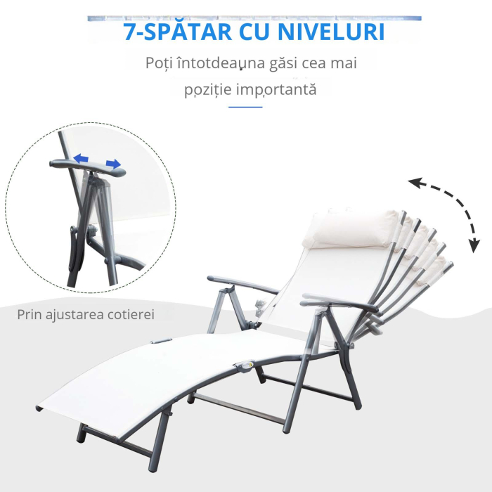  Sezlong Scaun de Gradina Pliabil Spatar Reglabil, Crem Argintiu [6]