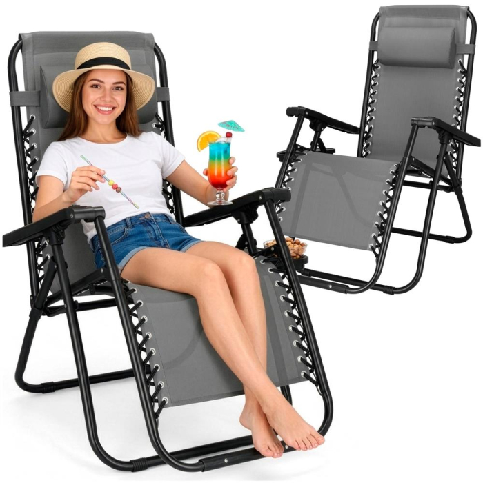 Sezlong scaun pliant plaja sau gradina, Siesta, gravitatie zero, cu tetiera, 175x67x110 cm, gri [20]