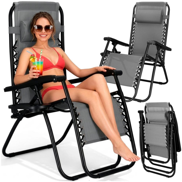 Sezlong scaun pliant plaja sau gradina, Siesta, gravitatie zero, cu tetiera, 175x67x110 cm, gri [19]