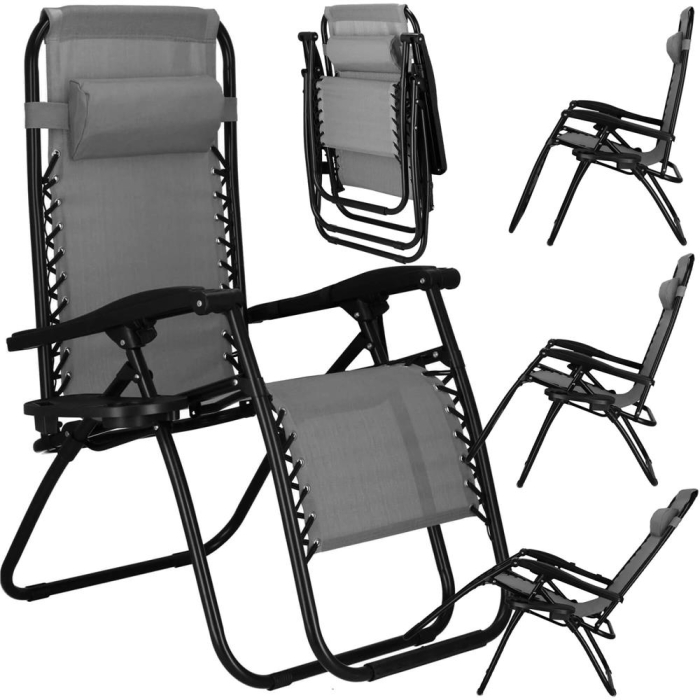 Sezlong scaun pliant plaja sau gradina, Siesta, gravitatie zero, cu tetiera, 175x67x110 cm, gri [25]