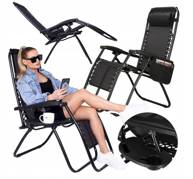 Sezlong scaun pliant plaja sau gradina, Siesta, gravitatie zero, cu tetiera, 175x67x110 cm, negru [12]