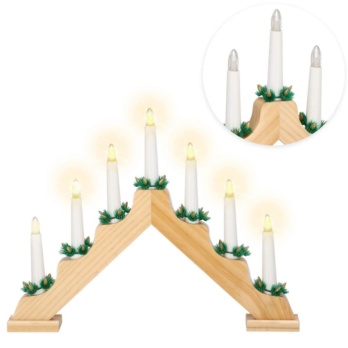 Sfesnic decorativ LED cu 7 lumanari si coronite verzi, alimentare baterii, 40x31 cm, maro si alb [9]