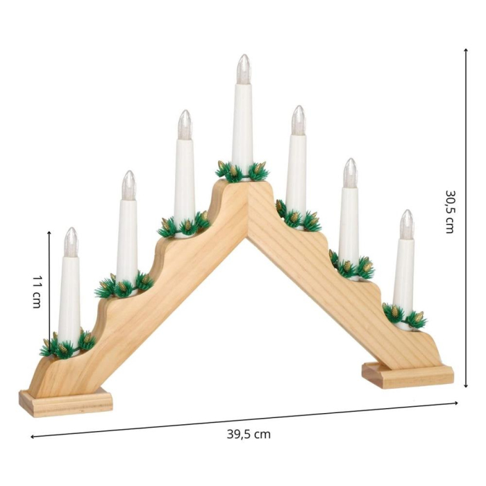 Sfesnic decorativ LED cu 7 lumanari si coronite verzi, alimentare baterii, 40x31 cm, maro si alb [18]