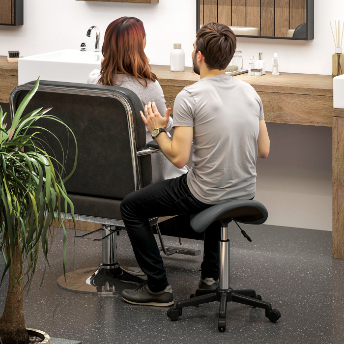  Sgabello Girevole a Sella con Ruote e Altezza Regolabile, Imbottito e Rivestito in Finta Pelle, Grigio [7]