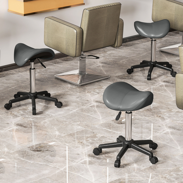  Sgabello Girevole a Sella con Ruote e Altezza Regolabile, Imbottito e Rivestito in Finta Pelle, Grigio [8]