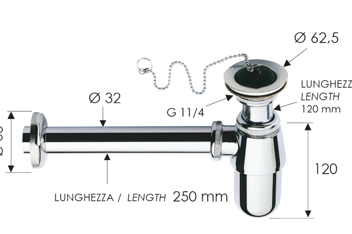 Sifon lavoar metalic Remer Rubinetterie 973Z114, racord 1"1/4, lungime 250 mm, alama si zamac cromat [3]