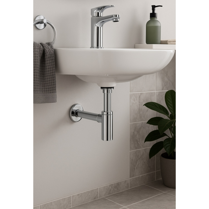 Sifon lavoar Remer Rubinetterie Minutery 958L, design cilindric, diametru 32 mm, G 1 1/4, alama cromata [1]