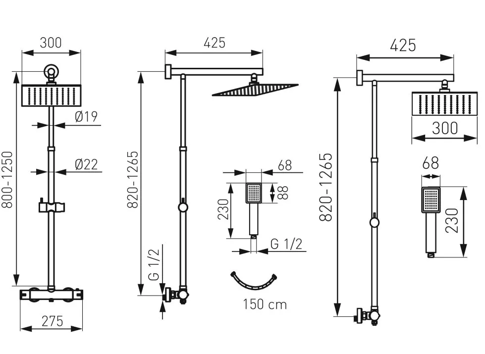 Sistem de dus FDesign Anima FD5-ANA-7U-22, 1/2'', aparent, termostat, 300 mm, 1 pulverizare, anti-calcar, mat, negru [2]