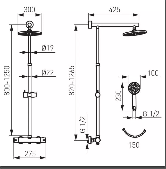 Sistem de dus FDesign Anima FD5-ANA-7U-55, 1/2'', aparent, termostat, 300 mm, 1 pulverizare, anti-calcar, lucios, auriu [2]