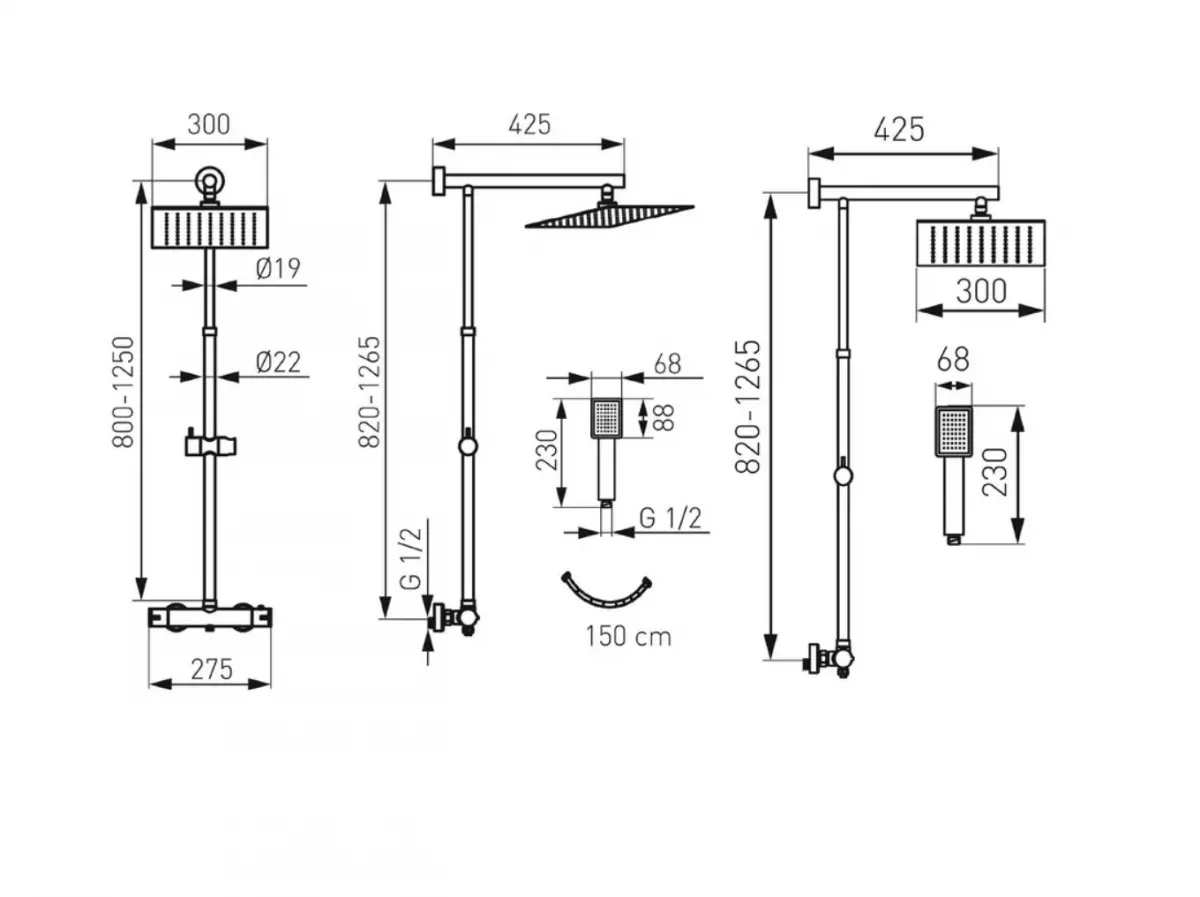 Sistem de dus FDesign Anima Quadro FD5-ANQ-7U-11, 1/2'', aparent, termostat, 300 mm, 1 pulverizare, crom [2]