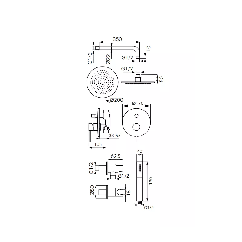 Sistem de dus Fdesign Flusso FD1-FLS-7PSET1-11, 1/2'', incastrat, 300 mm, 1 pulverizare, diverter, monocomanda, crom [2]