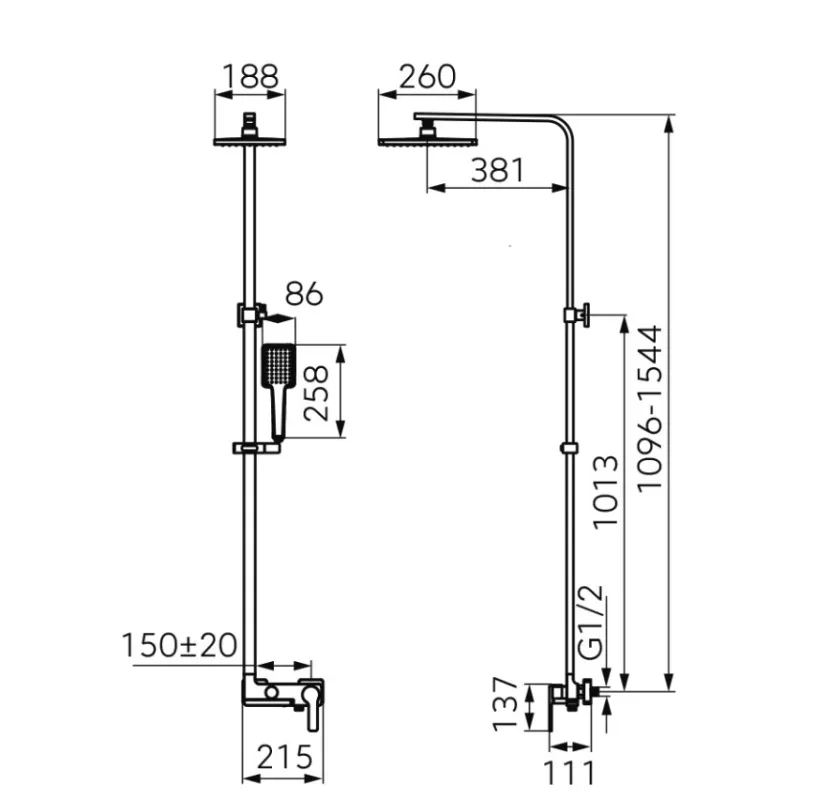 Sistem de dus FDesign Origio FD5-ORG-7U-22, 1/2'', aparent, pipa cada, 180 x 260 mm, 1 pulverizare, mat, negru [2]