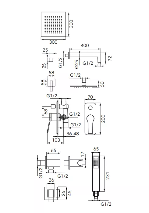 Sistem de dus FDesign Seppia FD1-SPA-7PSET-22, 1/2'', incastrat, 300 mm, 1 pulverizare, anti-calcar, mat, negru [2]