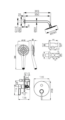Sistem de dus Fdesign Zaffiro, incastrat, 250 mm, 1 functie, mat, alb, FD1-ZFR-7PSET1-33 [2]