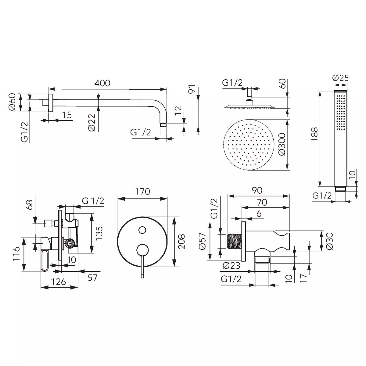 Sistem de dus FDesign Zaffiro, incastrat, 300 mm, 1 functie, lucios, auriu, FD1-FD1-ZFR-7PSET1-55 [2]